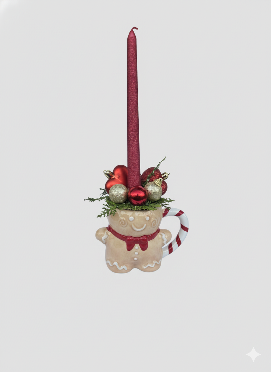 Mézeskalács bögrés asztaldísz piros gyertyával