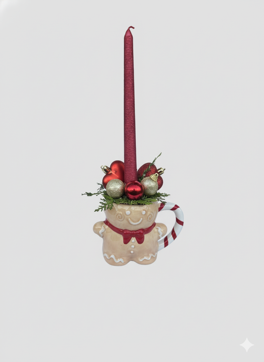 Mézeskalács bögrés asztaldísz piros gyertyával