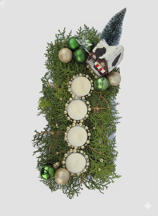 Hosszúkás adventi asztaldísz házikóval